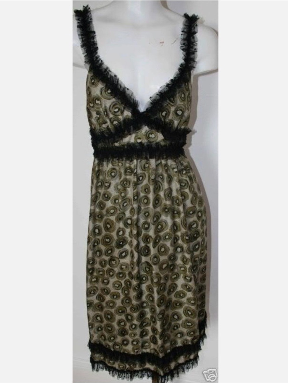 Poleci Olive Green Printed Midi Dress with Black Trim
